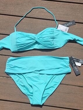 La Blanca Bikini Set Aqua Blue Twist Bandeau Top 12 Bottom 14 NWT Mismatch